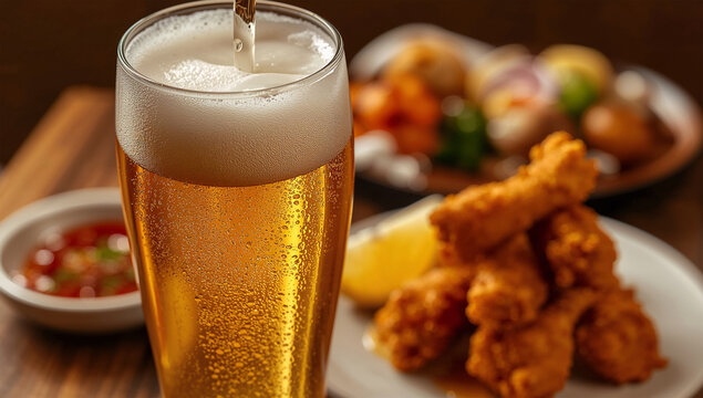 泡立つビールを主役にした唐揚げと食卓のクローズアップ写真