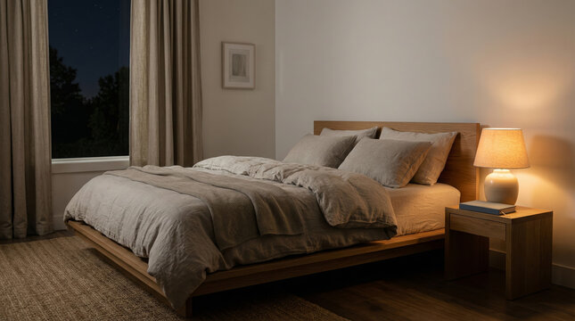 Peaceful Minimalist Bedroom at Night With Warm Lamp Light and No Electronic Devices