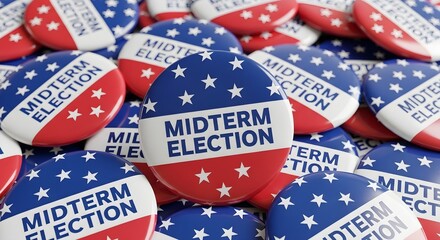 Fototapeta premium Pile of red, white, and blue midterm election campaign buttons with stars showing democratic process.