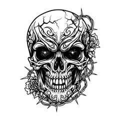 Obraz premium Ornate skull with thorns and roses line art