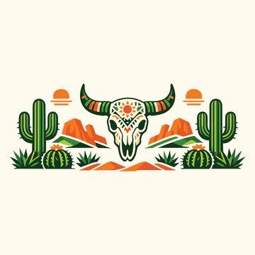 Vibrant desert landscape with bull skull and cacti
