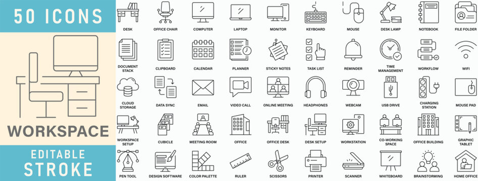 Workspace line icon collection, Editable stroke. Vector illustration.
