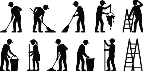 Naklejka premium Silhouette illustrations of people engaged in various cleaning activities