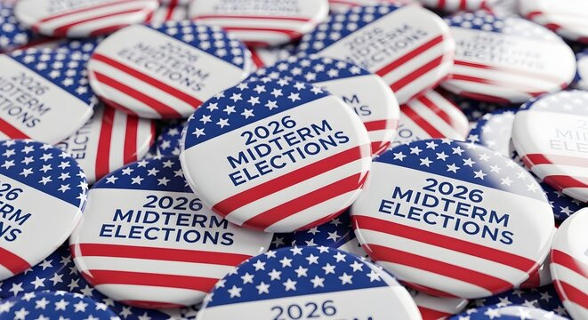 Pile of campaign buttons announcing the 2026 midterm elections with a patriotic stars and stripes design.