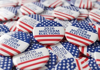 Fototapeta premium Pile of patriotic campaign buttons announcing the 2026 midterm elections with an American flag design.