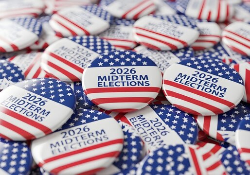 Pile of patriotic campaign buttons announcing the 2026 midterm elections with an American flag design.