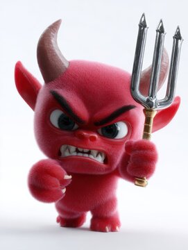 Red devil character brandishing trident in studio setting