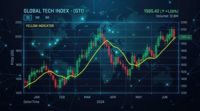 Global Tech Index Stock Market Chart with Candlestick and Moving Average.