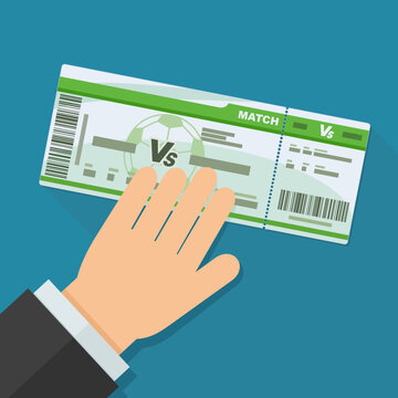 Flat design football ticket icon with long shadow held by hand for sporting event admission, stadium access, and championship tournament booking on blue background with long shadow