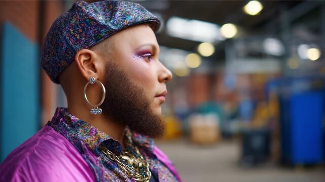 A confident individual showcases striking fashion with vibrant makeup and accessories in a colorful urban setting, embodying self-expression and individuality.