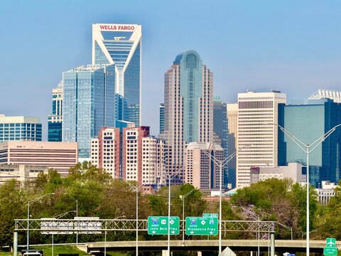 The Charlotte, North Carolina skyline cityscape with blue sky copy space