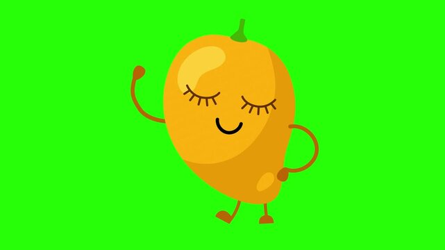 A Cheerful Cartoon Mango Character Posing Happily character 4k stock animation video on a green screen background for chroma key background for video editing.