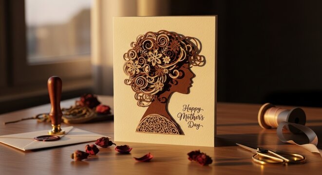 Elegant Kwanzaa Card with Silhouette and Festive Decorations on Wooden Table.