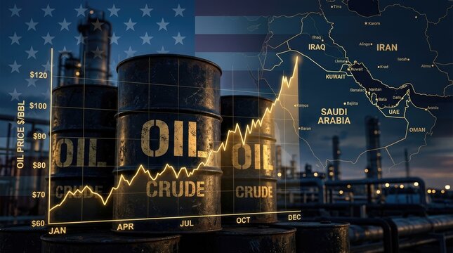 Oil barrels with crude oil text and a graph showing price fluctuations, with a map of the Middle East and the USA flag in the background.