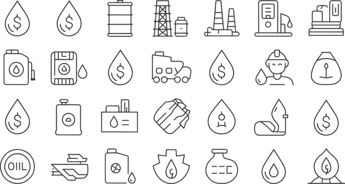 A collection of outline icons depicting the oil industry gas extraction and energy production