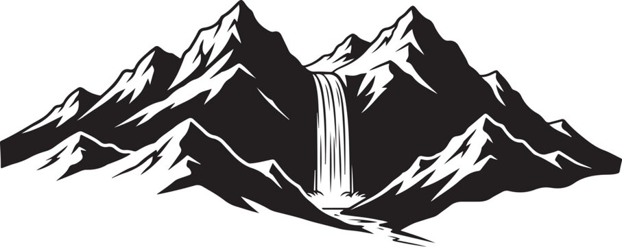 Black and white mountain landscape, snowy peaks, waterfall vector, monochrome illustration