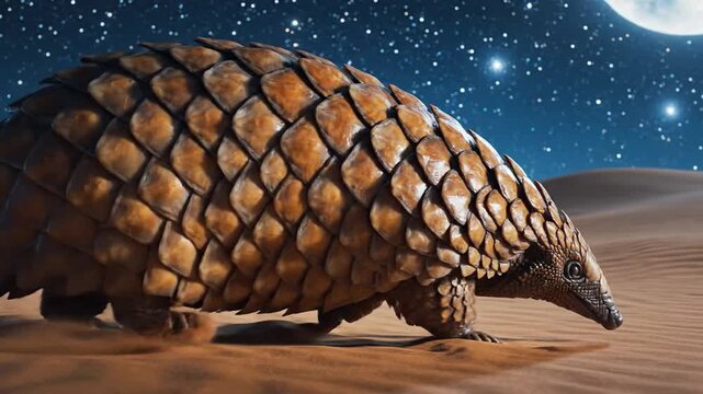 Pangolin walks across desert under moonlit night sky