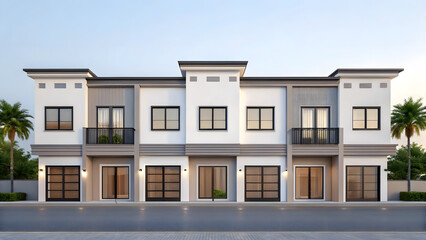 Fototapeta premium Modern residential building facade with balconies and palm trees in urban setting