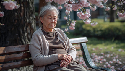 Fototapeta premium 桜の下で老いゆく体を自然の循環として静かに受け入れる女性の春の風景