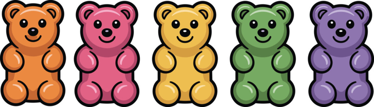 Colorful gummy bears vector illustration set featuring orange pink yellow green and purple candy characters for sweet snack concepts.