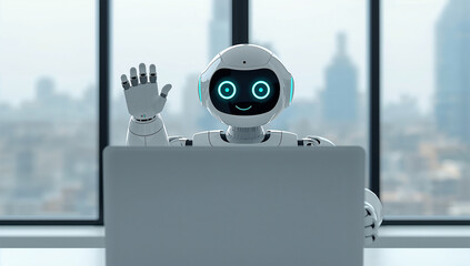 笑顔で迎えるロボットが象徴する親しみやすいAI活用の表現