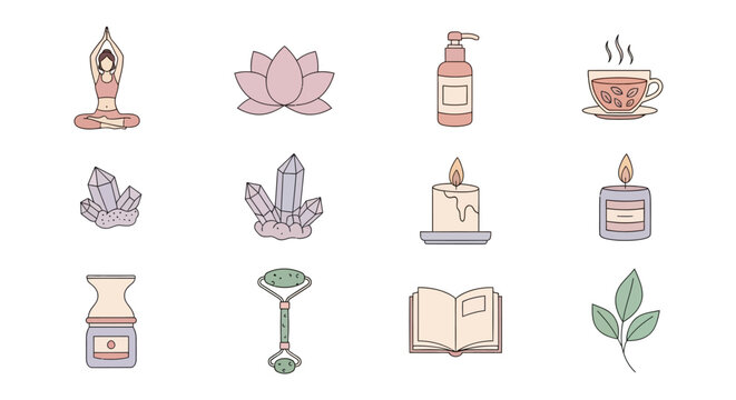 A serene yoga scene with crystals and candles in a peaceful environment indoors.