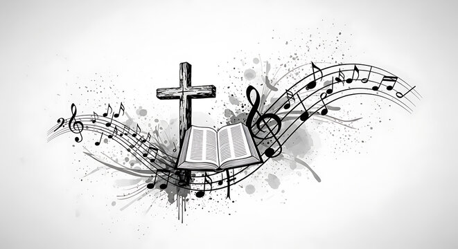 Spiritual worship scene with holy bible and musical notation waves