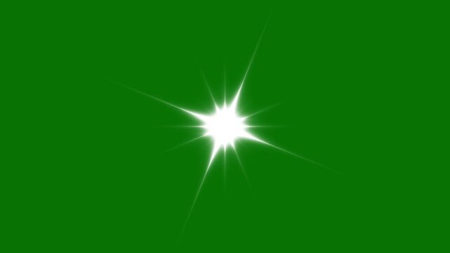 Single glowing sparkle star twinkle animation with glitter shine burst effect, white cartoon doodle blinking light star overlay in seamless 4K loop, transparent alpha green background element loopable