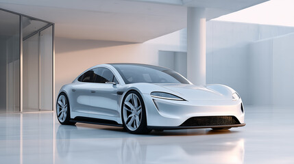 Obraz premium Sleek futuristic electric luxury sedan in a minimalist white studio environment, high-end concept car design.