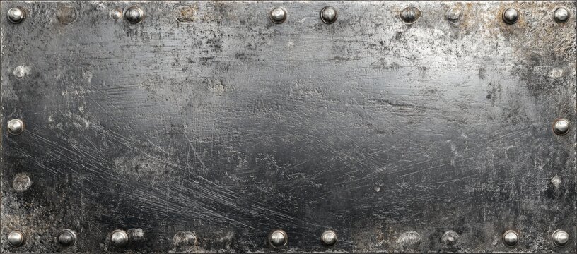 Grungy riveted metal plate texture with scratches and rust spots.