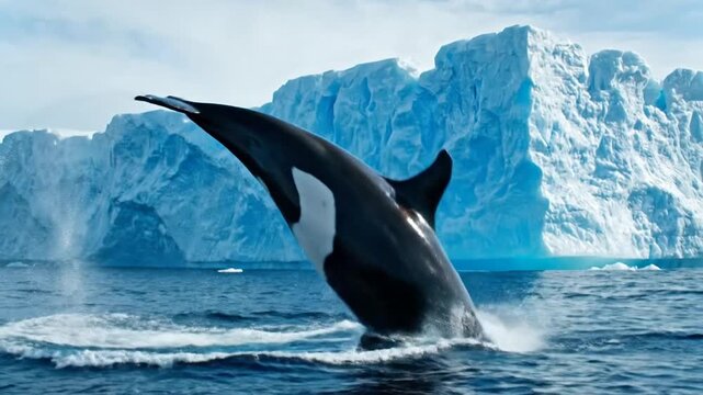 Powerful Orca Breaches Near Glacial Iceberg in Icy Ocean