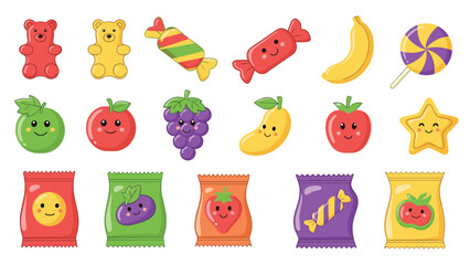 Fototapeta premium Extensive collection of cute and colorful cartoon characters depicting various candies, gummy bears, fruits, and snack bags with adorable facial expressions on a white background.