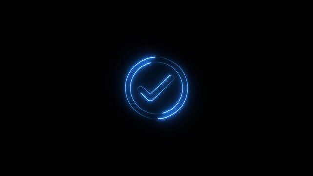 Glowing blue checkmark on black background, verification symbol, neon sign check mark tick approval symbol