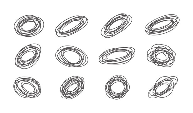 Twelve dark gray scribbled oval shapes white