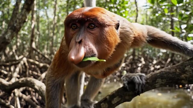 Proboscis Monkey with Bulbous Nose Eating Leaf in Mangroves