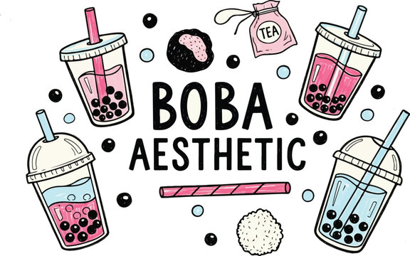 Cute Hand-Drawn Bubble Tea Vector Illustration with Pastel Cups and Boba Aesthetic Typography
