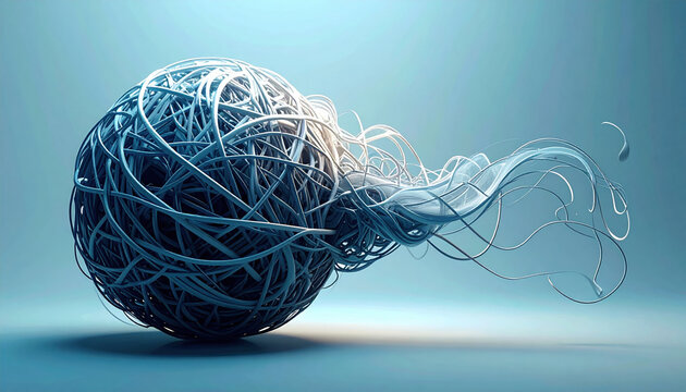 Stress, mental health, abstract background. abstract sphere tangled wire flowing strands blue gradient 3d render minimal modern smooth dynamic