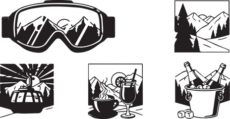 Obraz premium Winter Ski Resort Icons Set Minimalist Mountain Lifestyle Vector Illustration