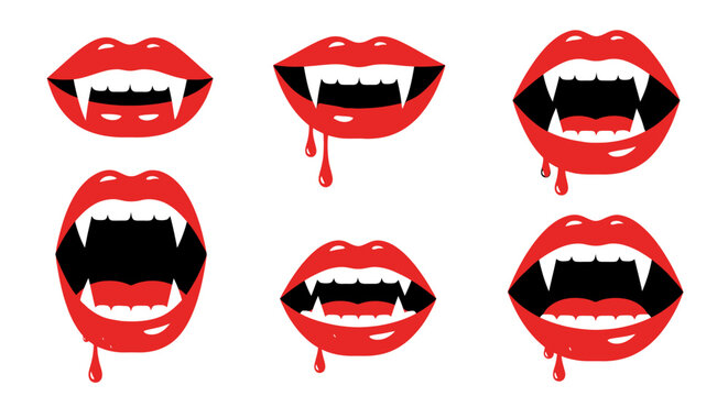 Vampire fangs red lips blood.