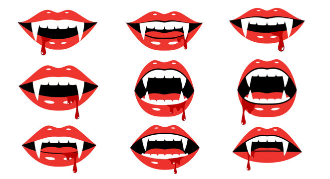 Vampire fangs red lips blood.