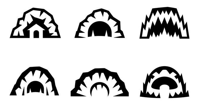 Vector showcasing six distinct cave or tunnel designs in