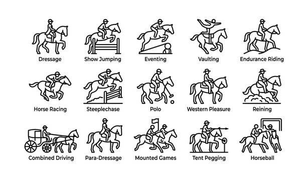 Equestrian sports icons: dressage, jumping, eventing, vaulting, racing