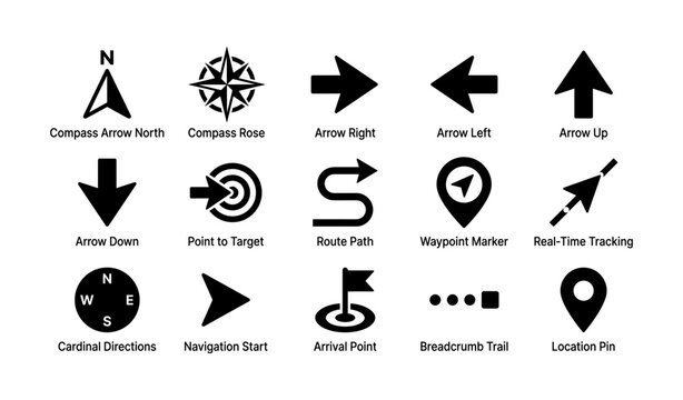 Navigation and direction symbols: compass, arrow, waypoint, location icons