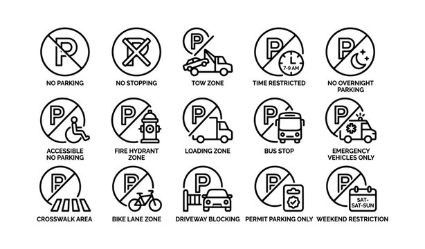 Collection of parking and traffic restriction signs highlighting regulations and zones