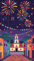 Obraz premium Vertical Mexican night street vector with bright church and fireworks. Sky copy space for traditional holiday festival and carnival flyers.
