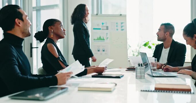 Paper, talk or people in meeting for presentation, financial planning or performance trends for decision. Investment pitch, speaker or stakeholders with stats report, speaking or budget optimization