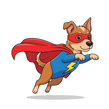 Cute superhero dog flying heroically, cartoon vector illustration on white background, pet character concept
