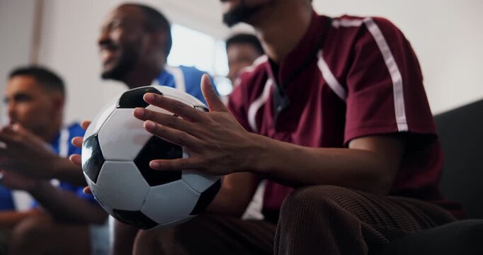 Hands, watching tv and man with soccer ball in home, anxiety or loss with rival competition. Football, sports fans and friends with television for match, support team and nervous for game results