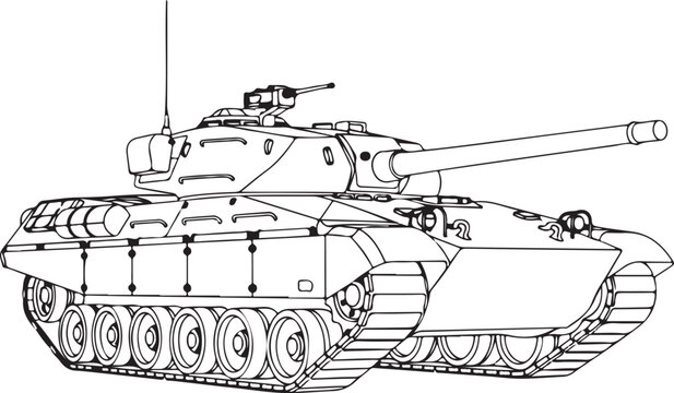 Military tank, armored vehicle, combat illustration, black and white line art