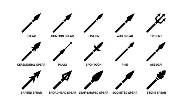 Various spear types icons collection featuring javelin pike trident pilum